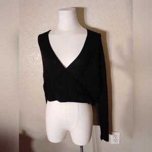 Black Long Sleeve Wrap Crop Blouse